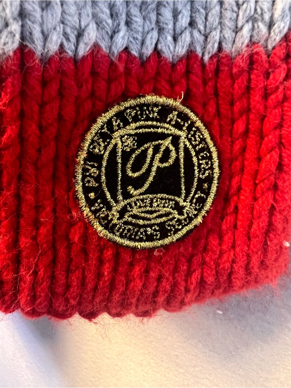 PINK Victoria's Secret Red and Gray Striped Knit Scarf with Pocket Patches - Picture 4 of 5